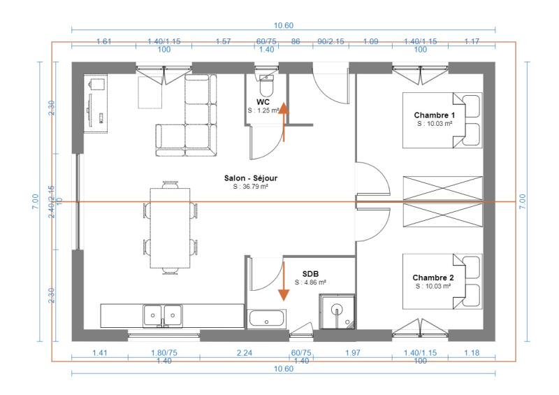 Plan Chalet en bois habitable 60m² en plain pied