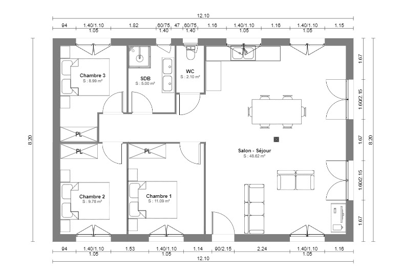 Plan Chalet en bois habitable de 80m² en plain pied